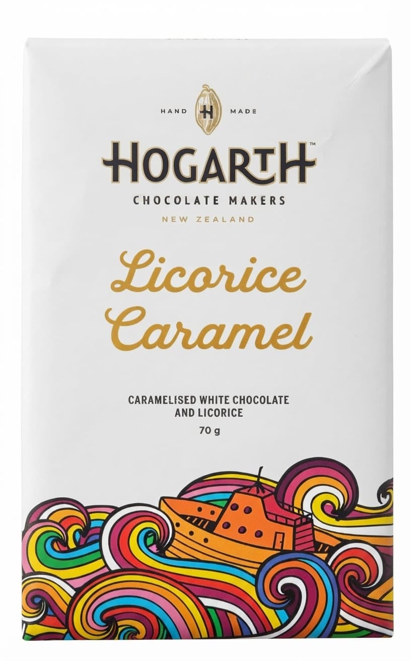 Licorice Caramel 35% white bar packaging by Hogarth
