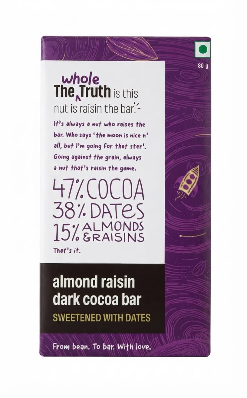 Almond Raisin Dark 47% dark bar packaging by The Whole Truth