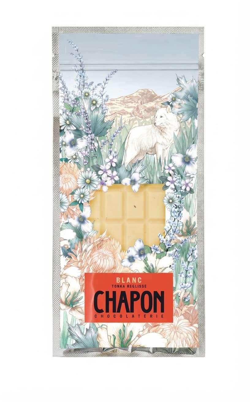 Blanc Tonka Réglisse 34% white bar packaging by Chapon
