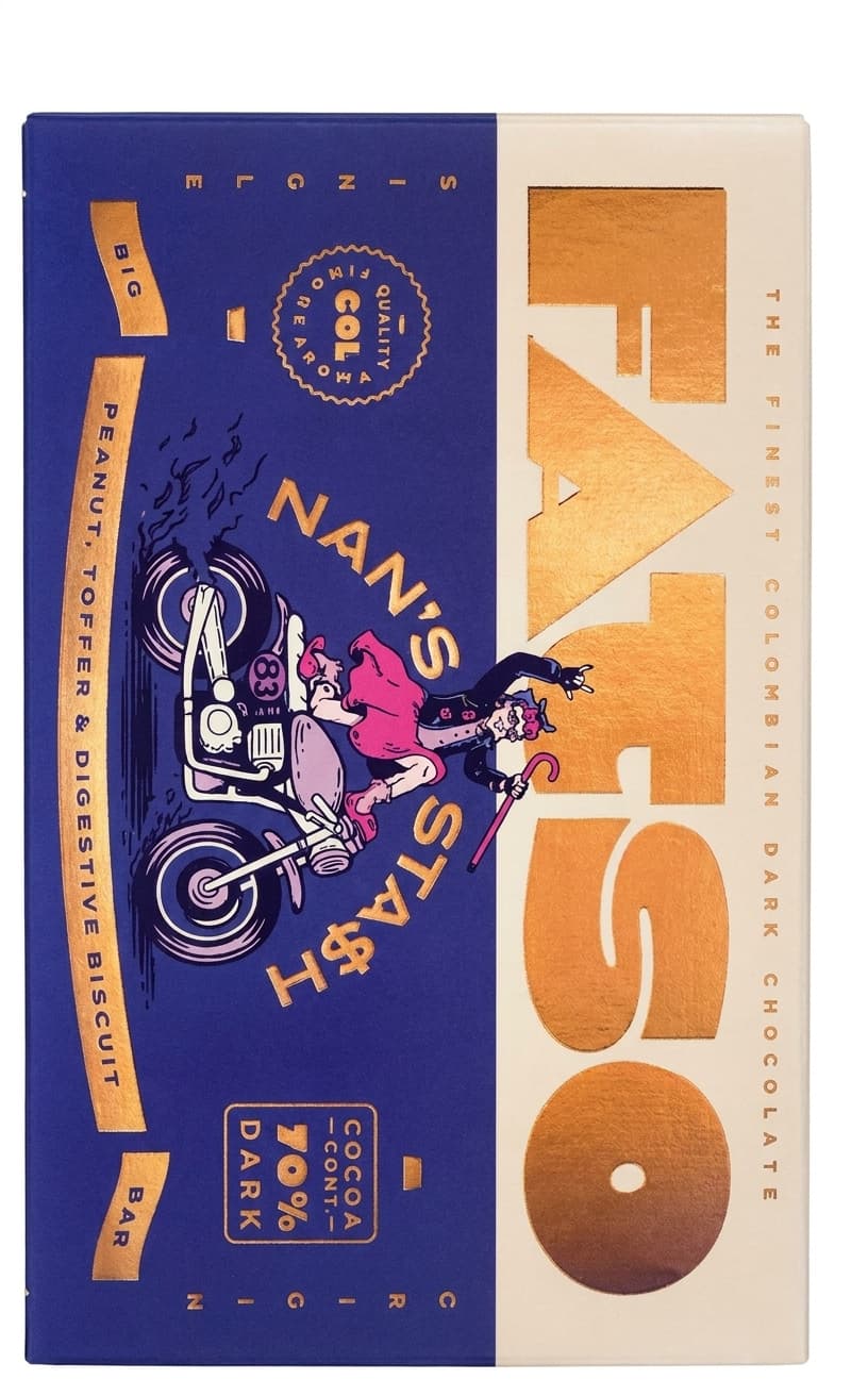 Nan's Stash 70% dark bar packaging by Fatso