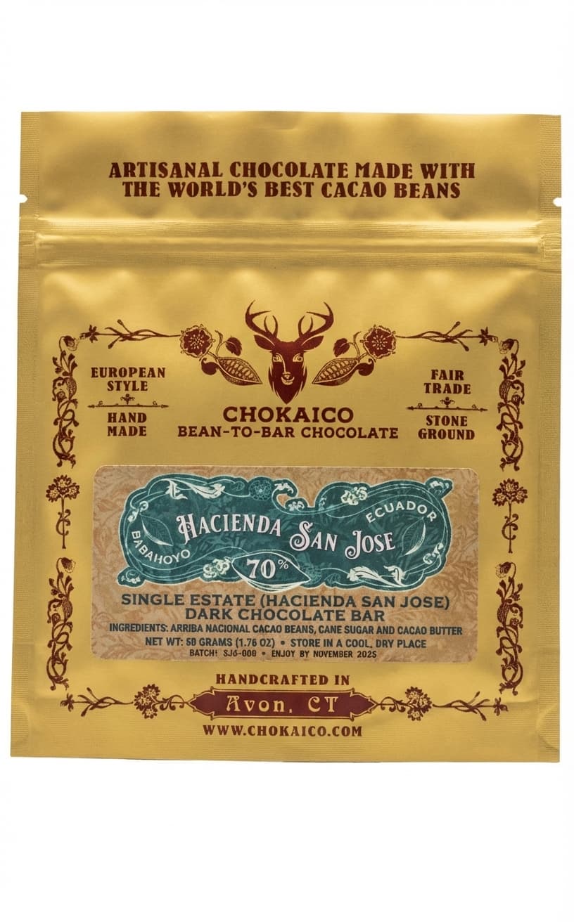 Hacienda San Jose 70% 70% dark bar packaging by Chokaico