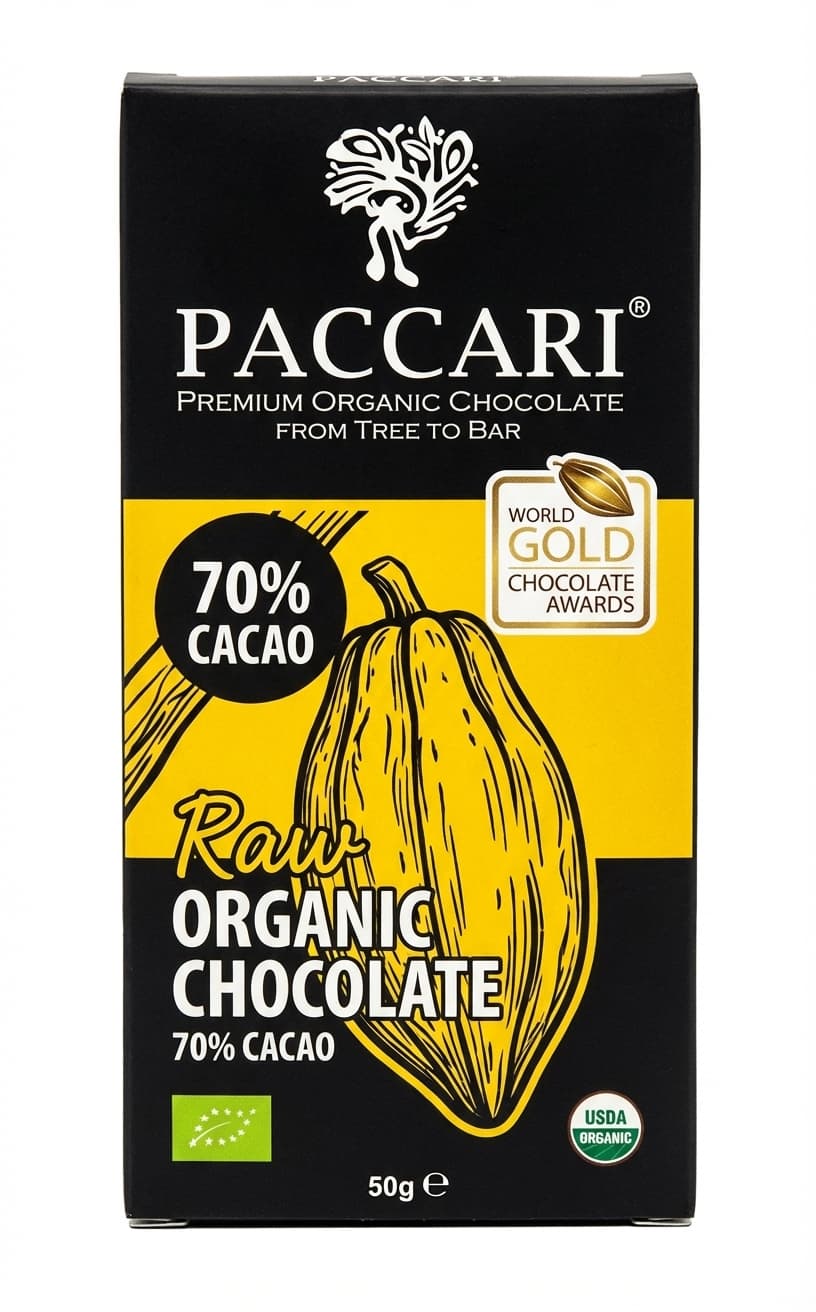Raw Organic Chocolate 70% dark bar packaging by Paccari