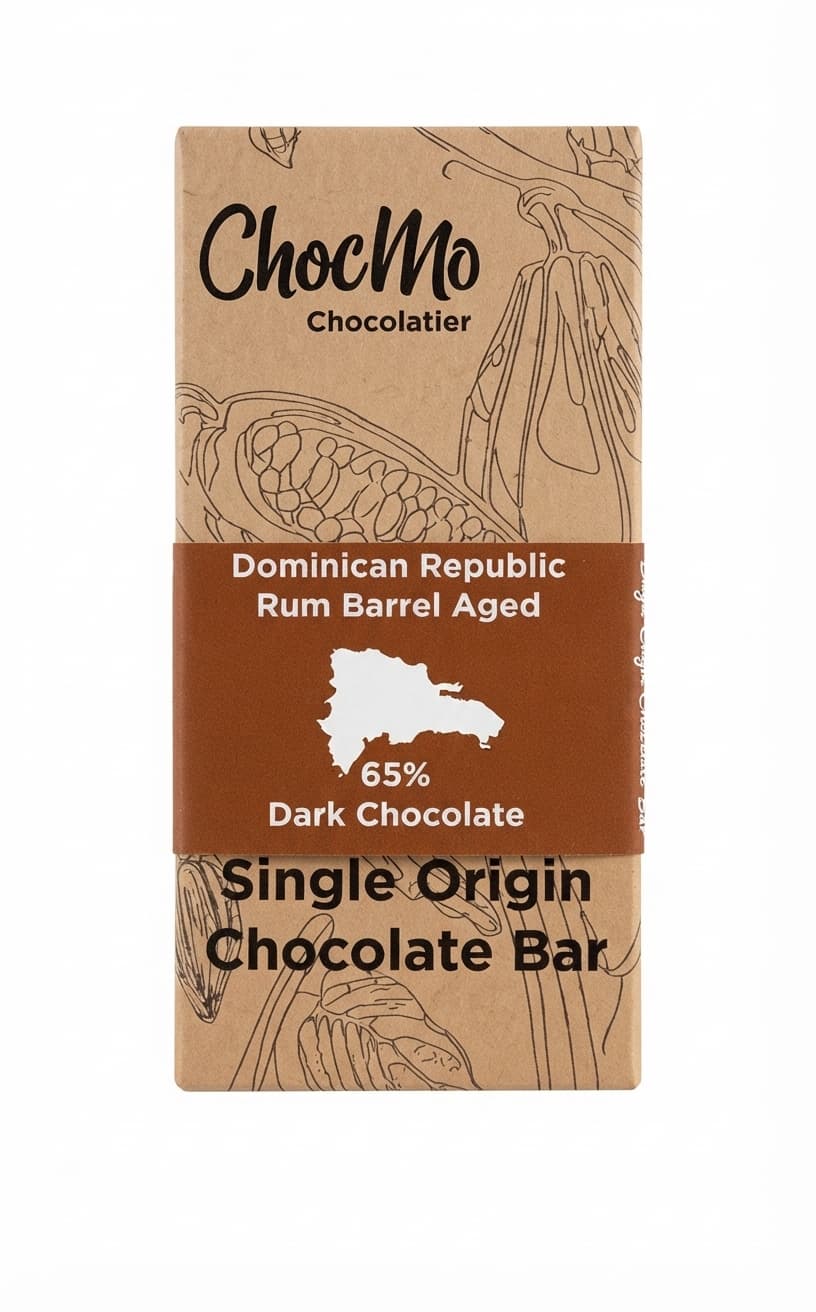 Rum Barrel Aged Dominican Republic 65% 65% dark bar packaging by ChocMo Chocolatier
