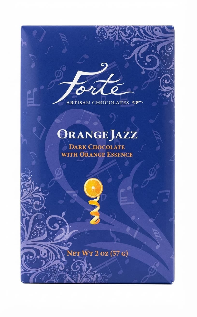 Orange Jazz 64% 64% dark bar packaging by Forté Chocolate
