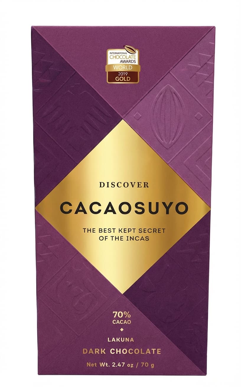 Lakuna 70% dark bar packaging by Cacaosuyo