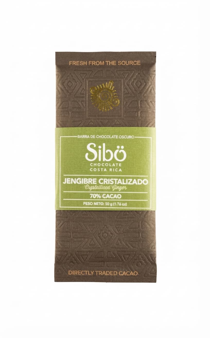 Crystallized Ginger 70% 70% dark bar packaging by Sibö Chocolate