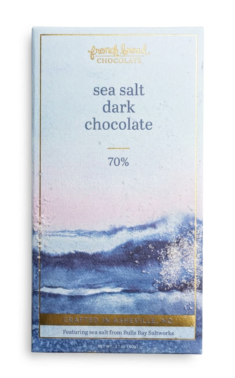 Sea Salt 70% 70% dark bar packaging by French Broad Chocolate