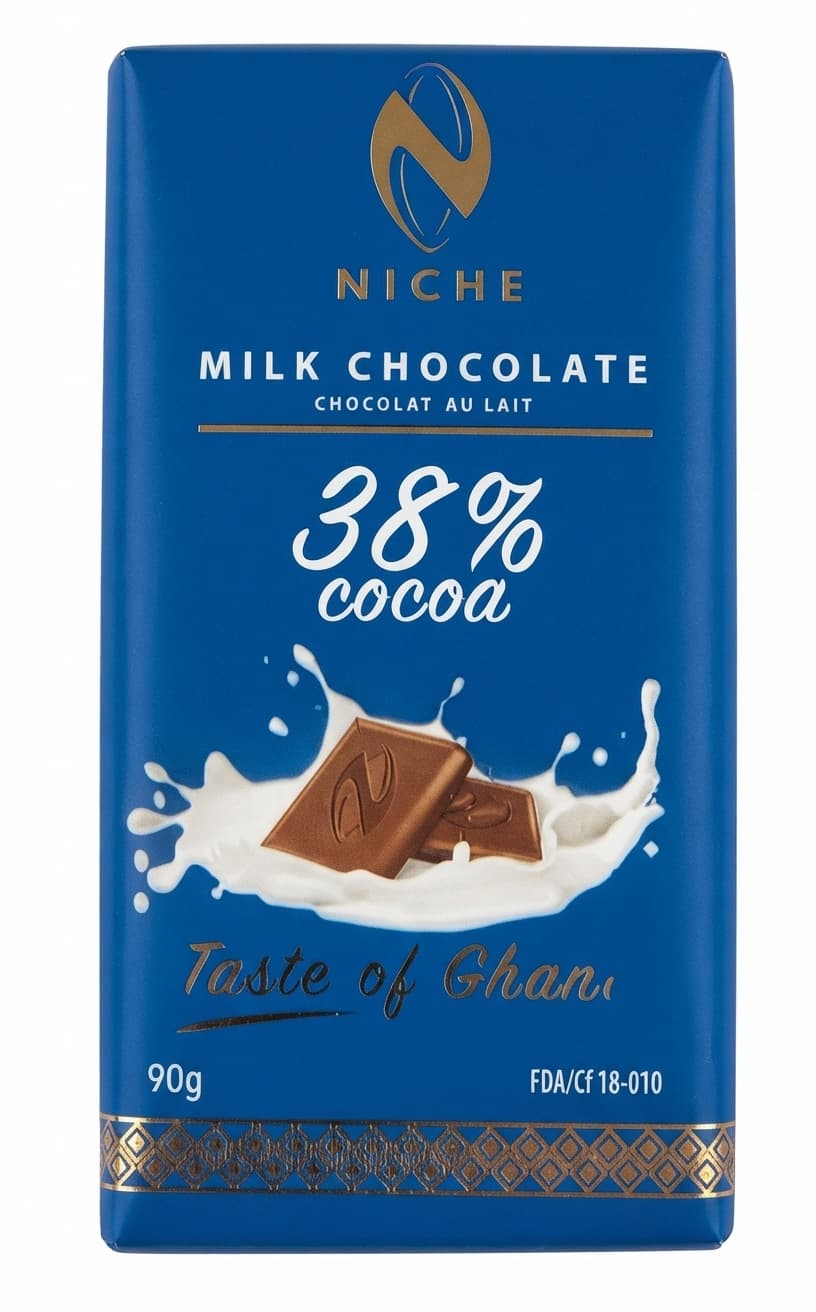 Milk Chocolate 38% 38% milk bar packaging by Niche