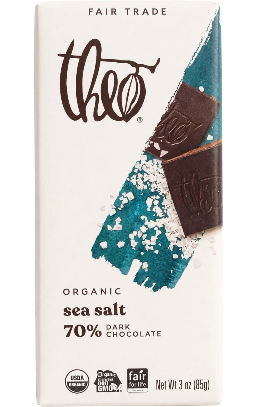 Sea Salt 70% Dark Chocolate 70% dark bar packaging by Theo