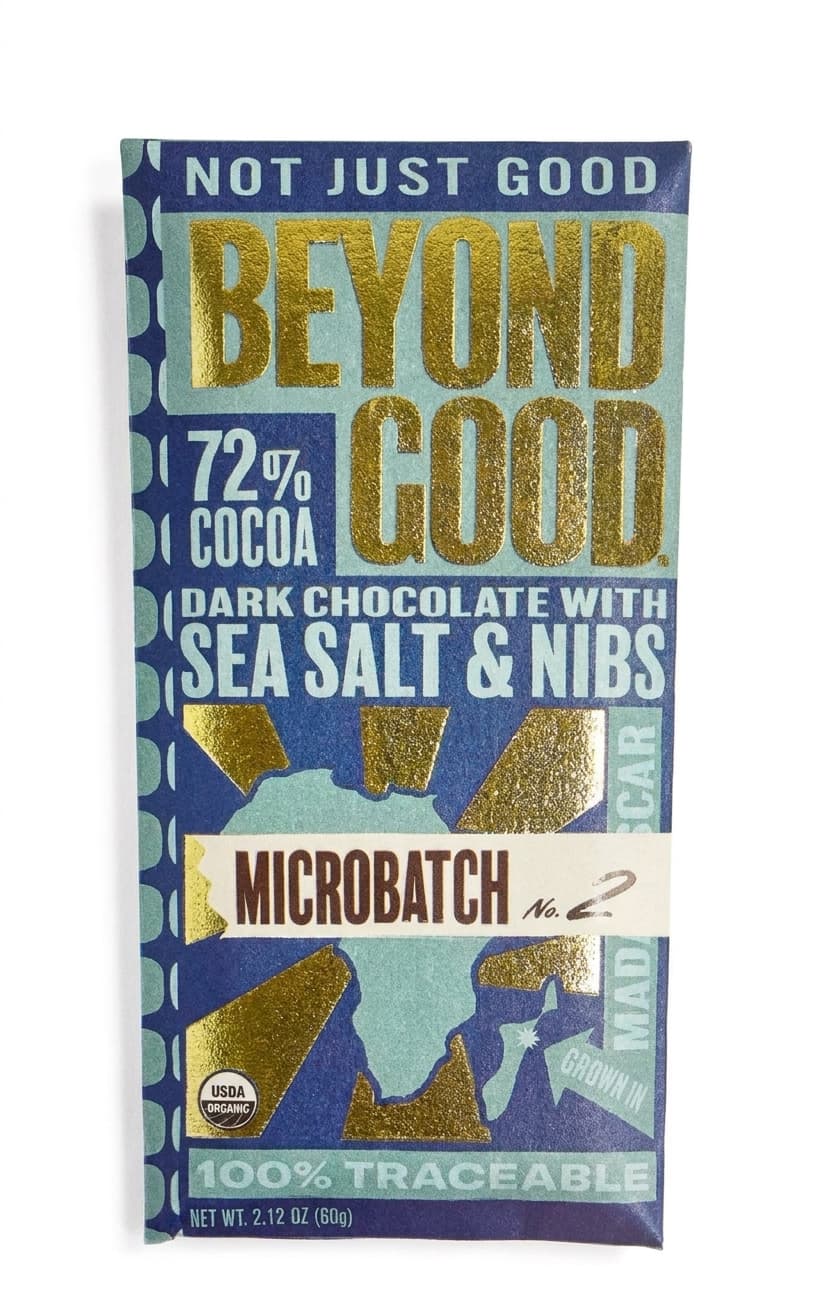Dark Chocolate with Sea Salt & Nibs 72% Cocoa 72% dark bar packaging by Beyond Good