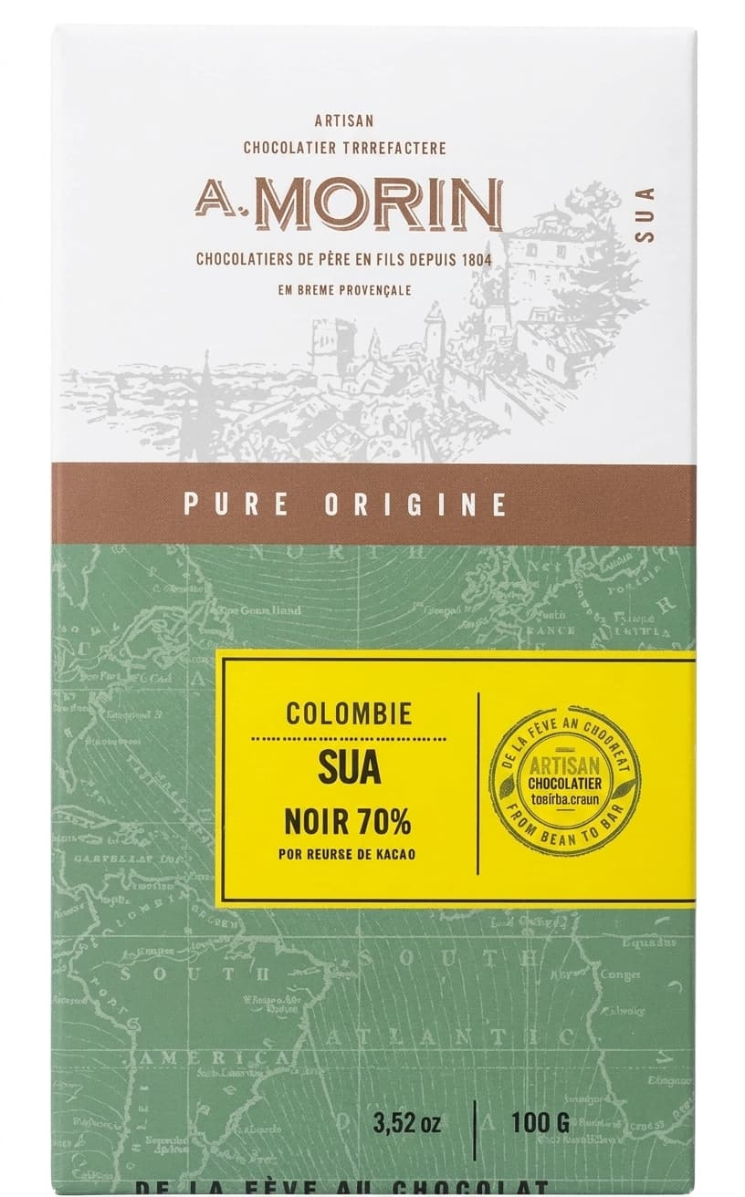 Sua Noir 70% 70% dark bar packaging by Chocolaterie Morin