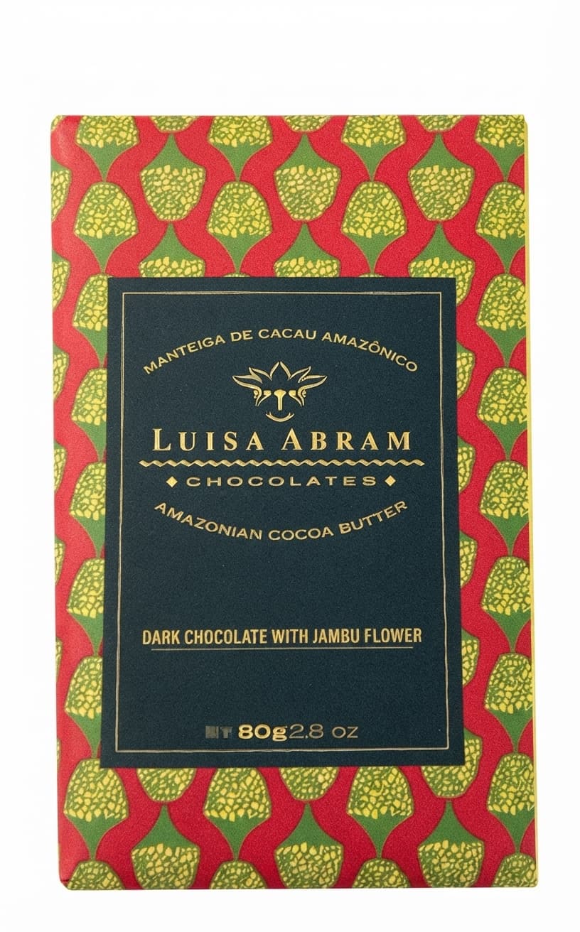 Jambu Flower 70% dark bar packaging by Luisa Abram