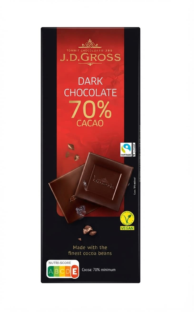 Dark 70% 70% dark bar packaging by J.D. Gross