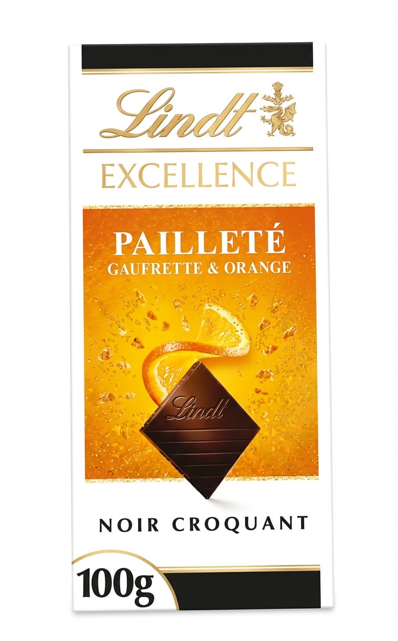 Excellence Pailleté Gaufrette & Orange 47% dark bar packaging by Lindt