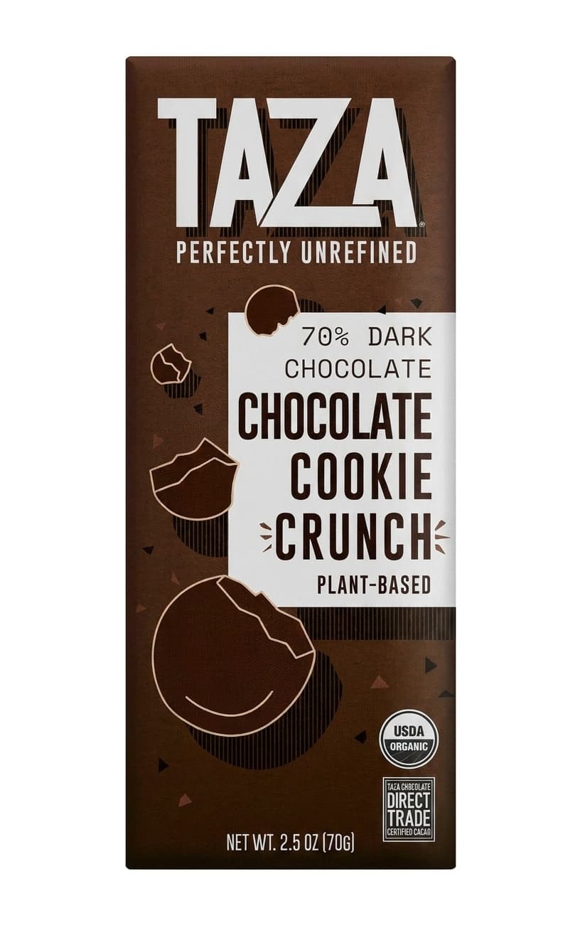 Chocolate Cookie Crunch 70% 70% dark bar packaging by Taza