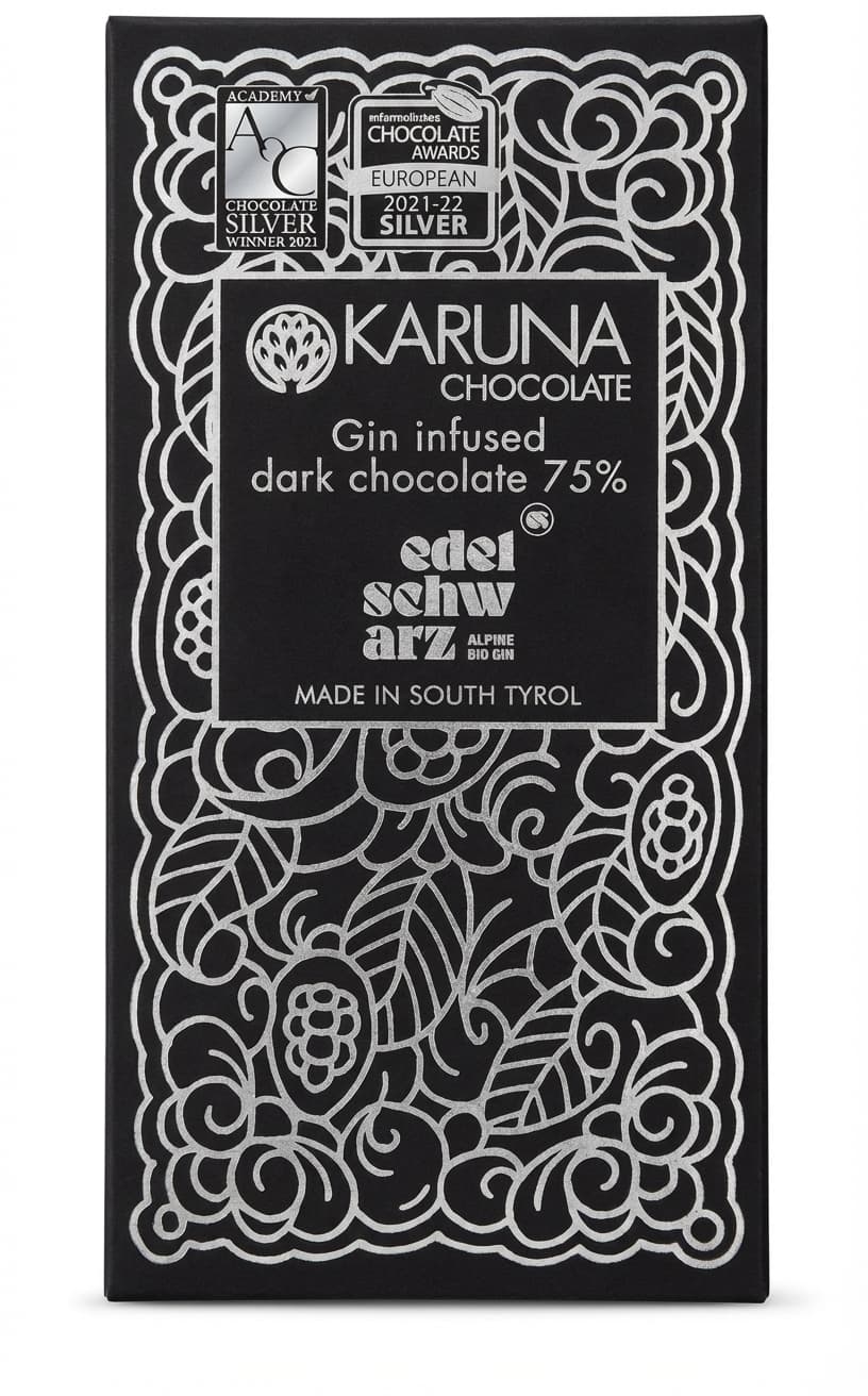 Edelschwarz Gin Infused 75% 75% dark bar packaging by Karuna