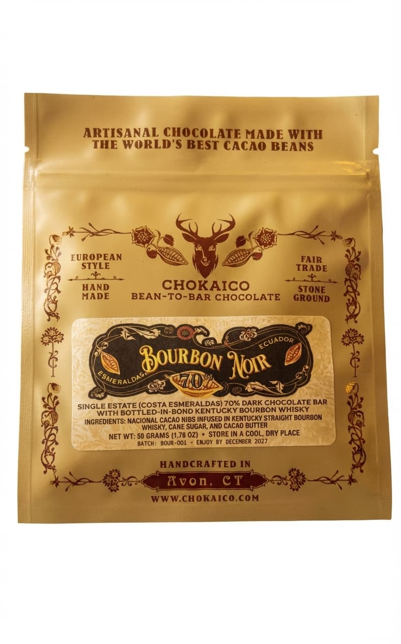 Bourbon Noir 70% 70% dark bar packaging by Chokaico