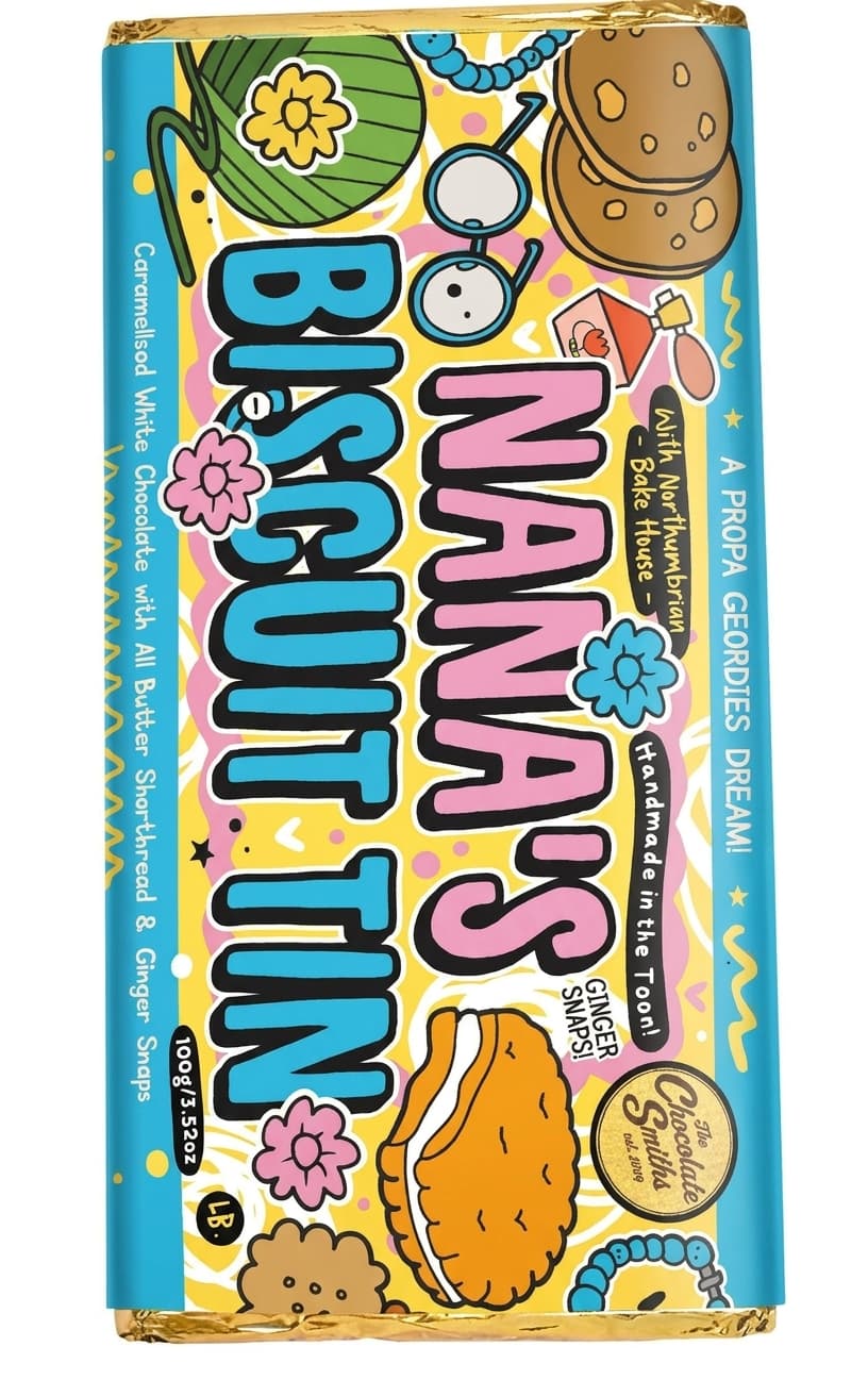 Nana's Biscuit Tin null% white bar packaging by The Chocolate Smiths