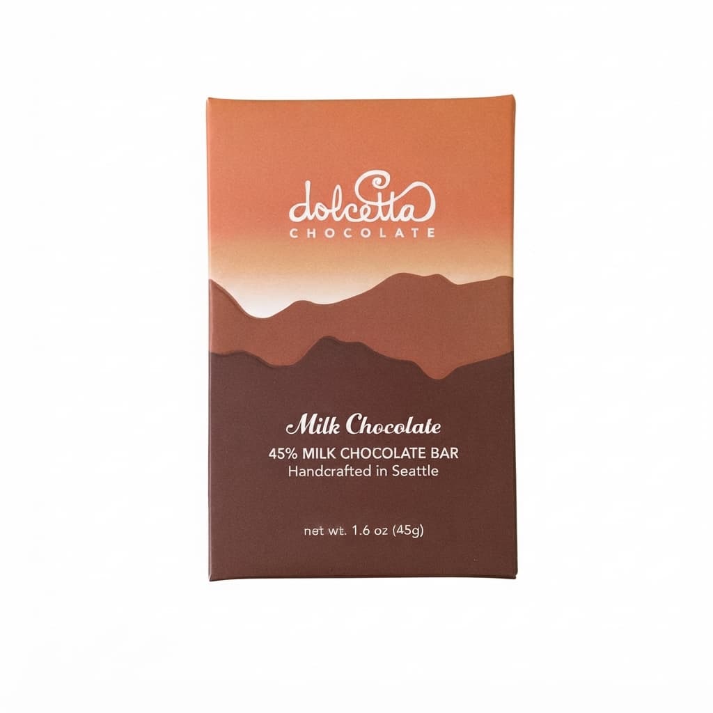 Milk Chocolate 45% 45% milk bar packaging by Dolcetta Chocolate