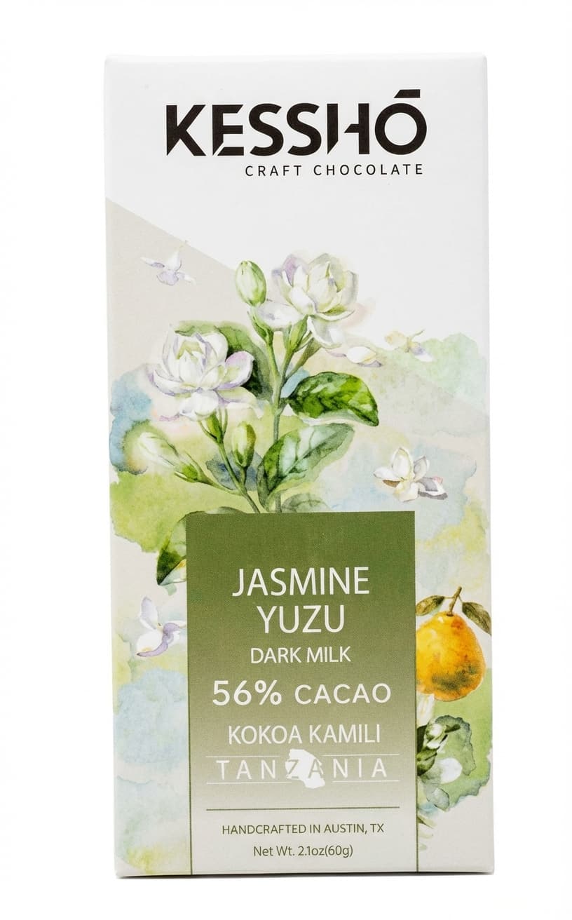 Jasmine Yuzu 56% milk bar packaging by Kessho