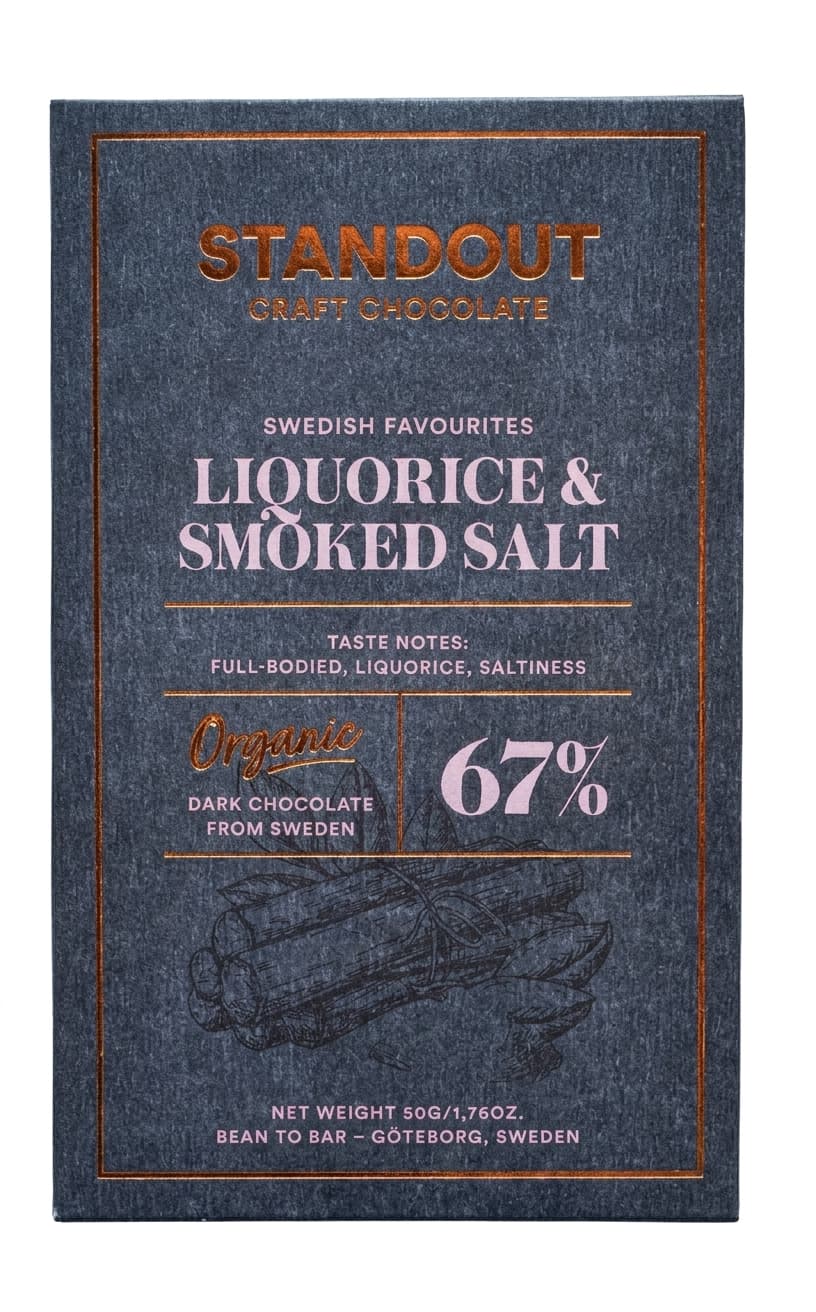 Liquorice & Smoked Salt 67% dark bar packaging by Standout Chocolate
