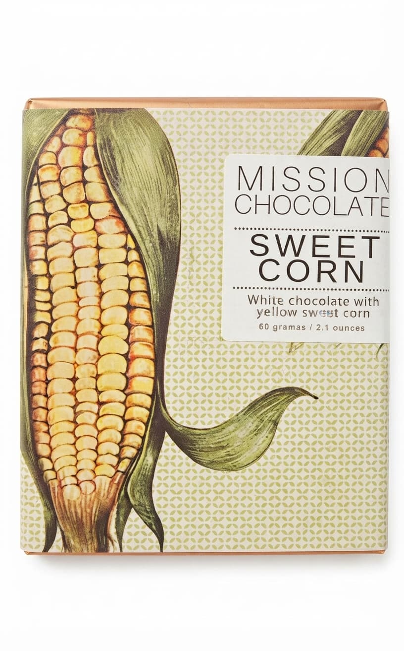 Sweet Corn null% white bar packaging by Mission Chocolate