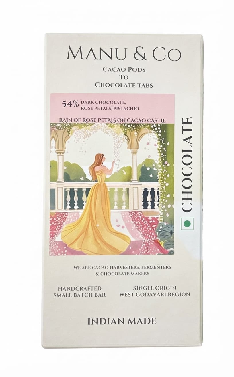 Rain of Rose Petals on Cacao Castle 54% dark bar packaging by Manu & Co