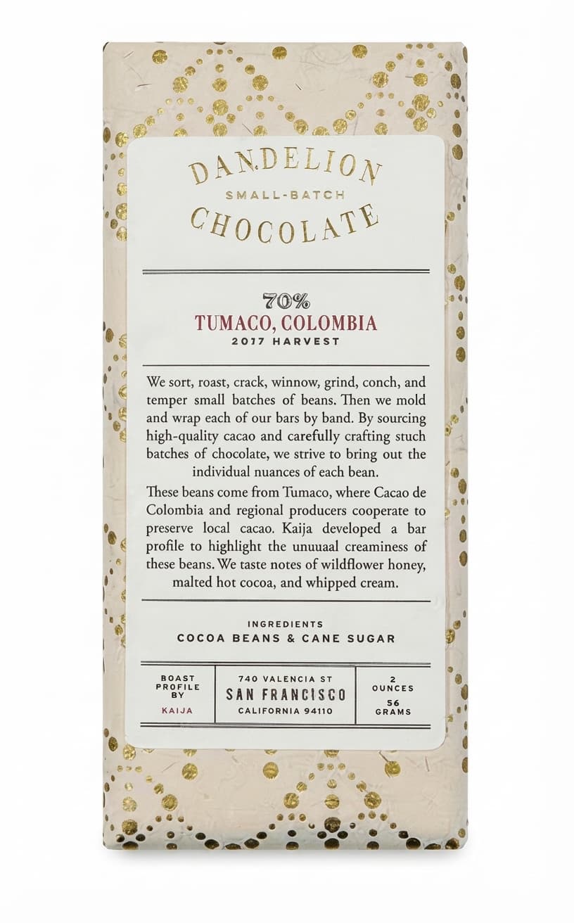 Tumaco 70% 70% dark bar packaging by Dandelion Chocolate