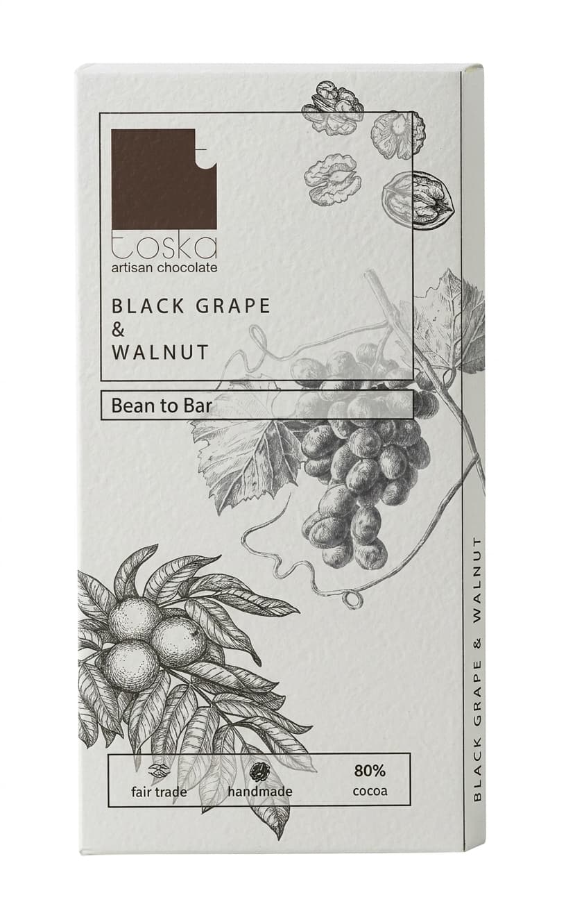 Black Grape & Walnut null% dark bar packaging by Toska Chocolates