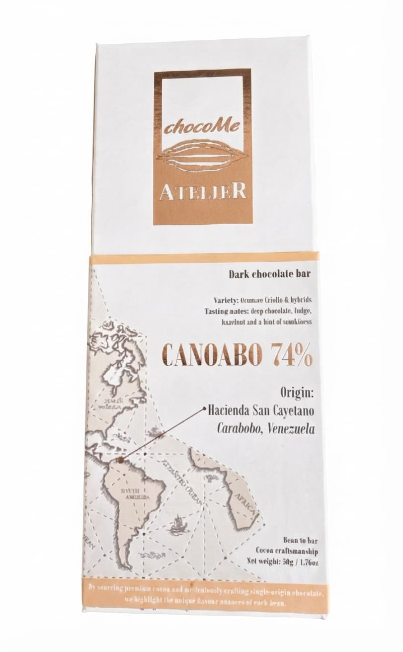 Canoabo 74% 74% dark bar packaging by chocoMe