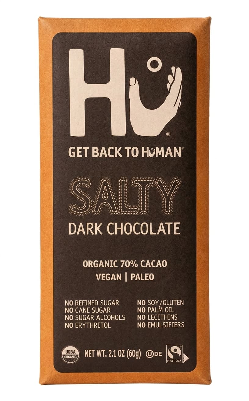 Salty Dark Chocolate 70% dark bar packaging by Hu