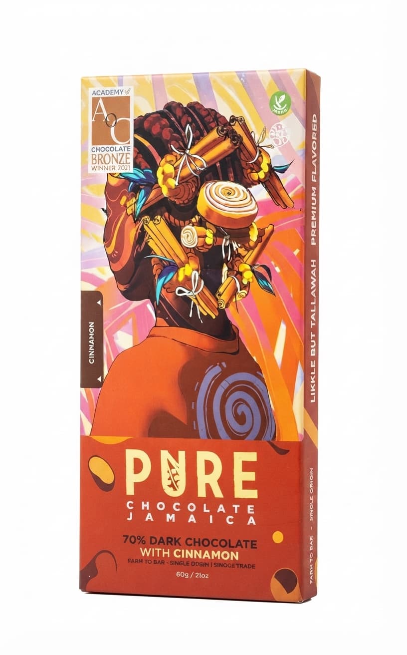Cinnamon 70% 70% dark bar packaging by Pure Chocolate Jamaica