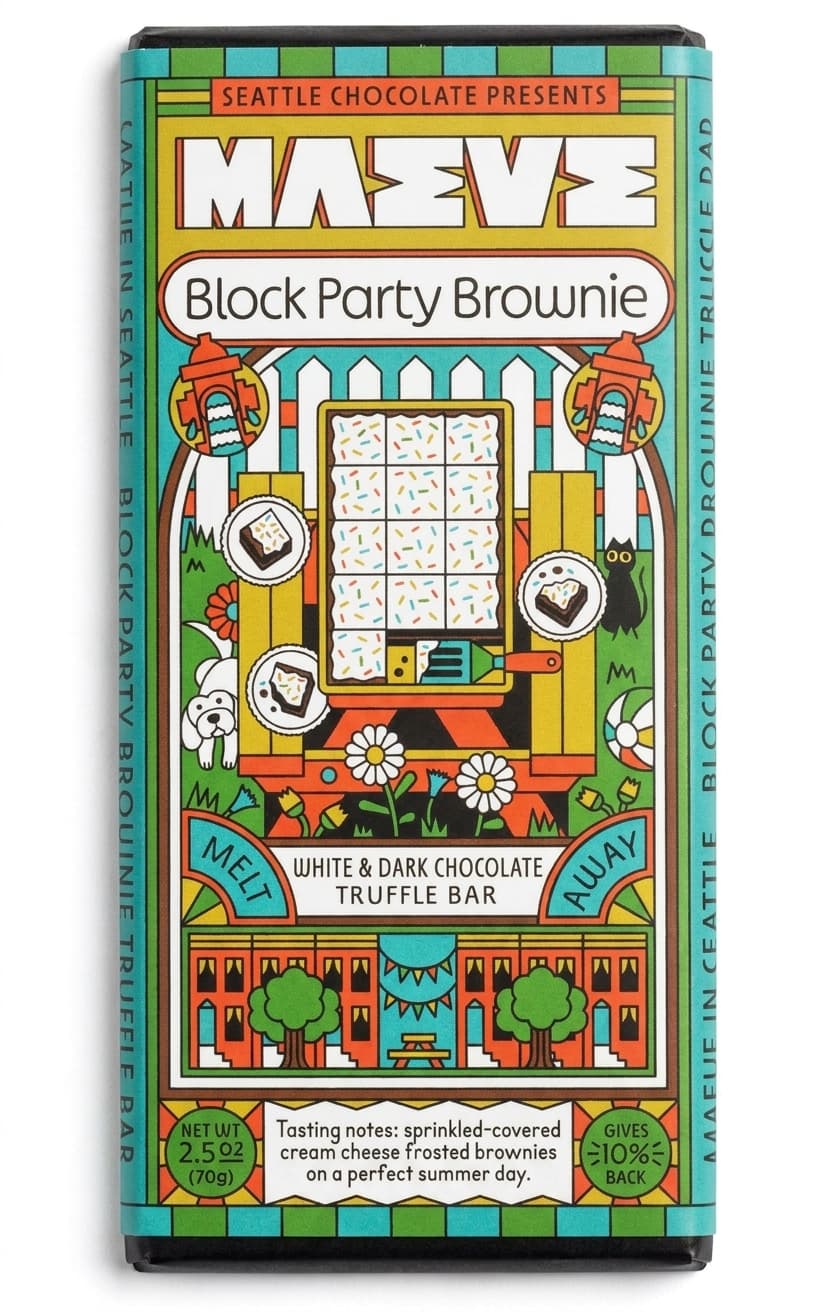 Block Party Brownie null% milk bar packaging by Maeve Chocolate