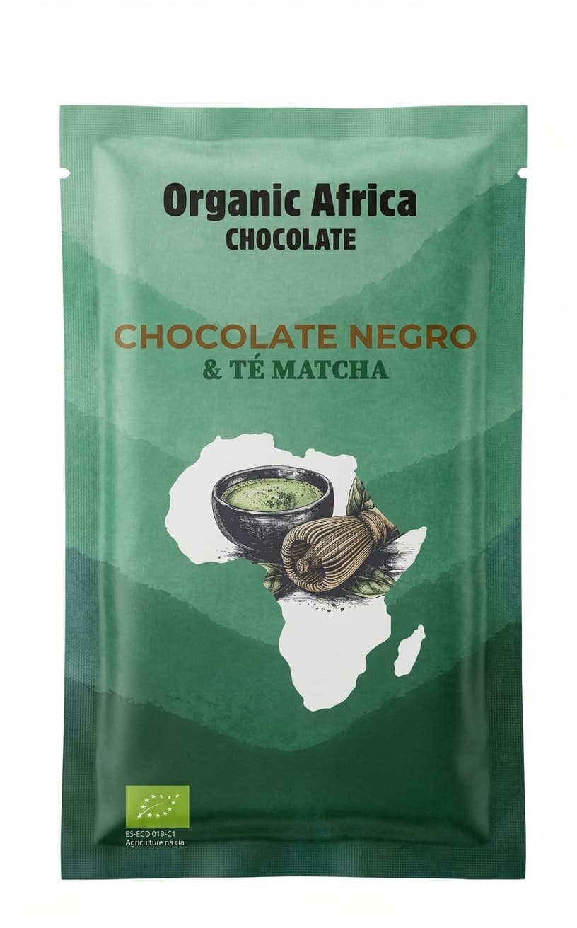 Chocolate Negro & Té Matcha 56% dark bar packaging by Organic Africa