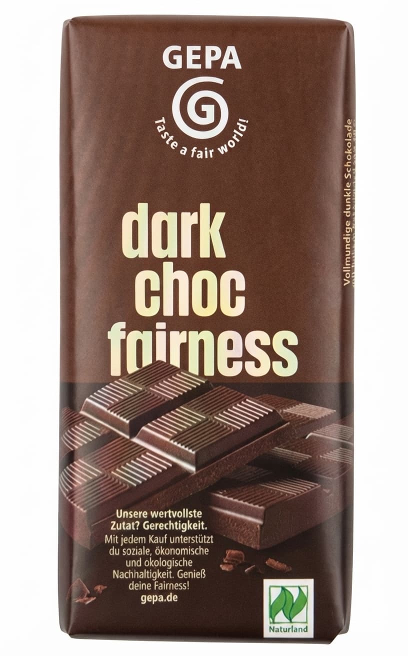 dark choc fairness 70% dark bar packaging by GEPA