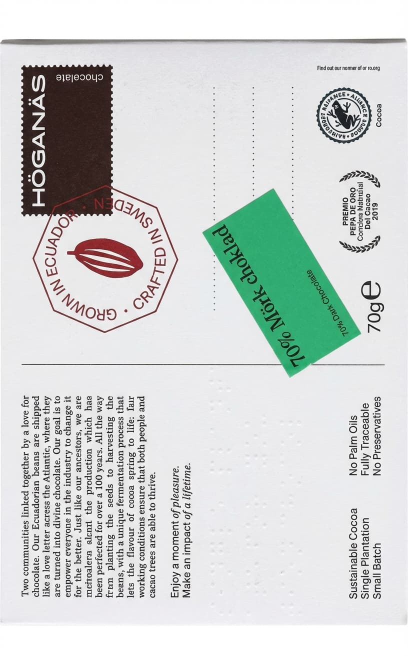 70% Dark Chocolate Los Ríos - Ecuador 70% dark bar packaging by HÖGANÄS
