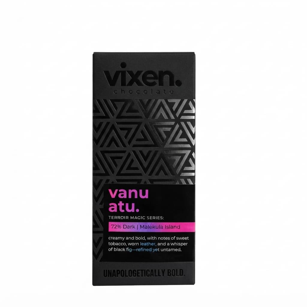 Malekula Island Vanuatu 72% 72% dark bar packaging by Vixen Chocolate