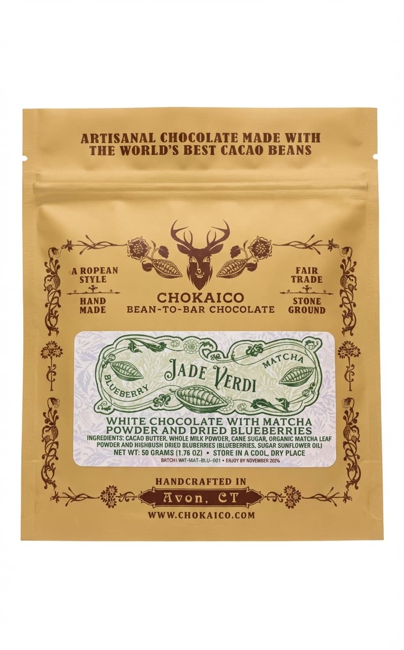 Jade Verdi 38% white bar packaging by Chokaico