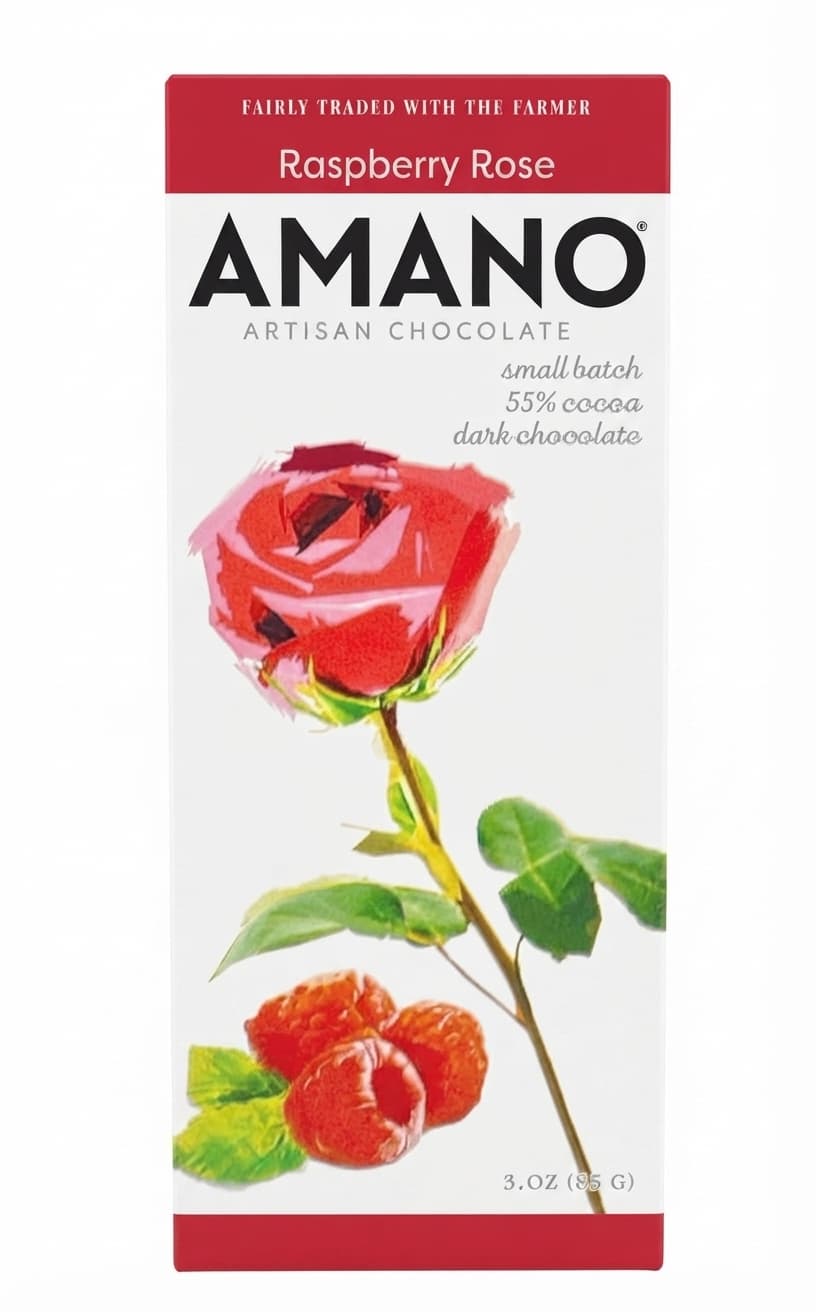 Raspberry Rose 55% 55% dark bar packaging by Amano