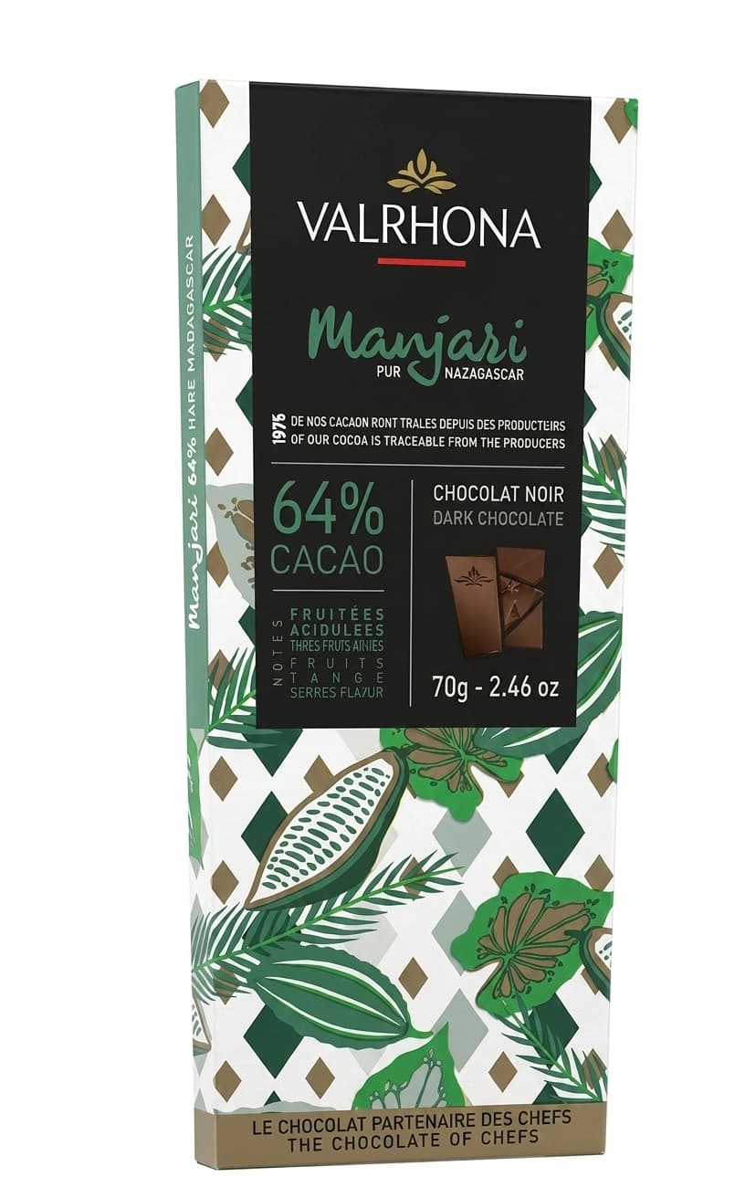 Manjari 64% 64% dark bar packaging by Valrhona
