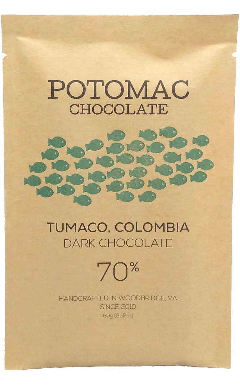 Tumaco Colombia 70% 70% dark bar packaging by Potomac Chocolate