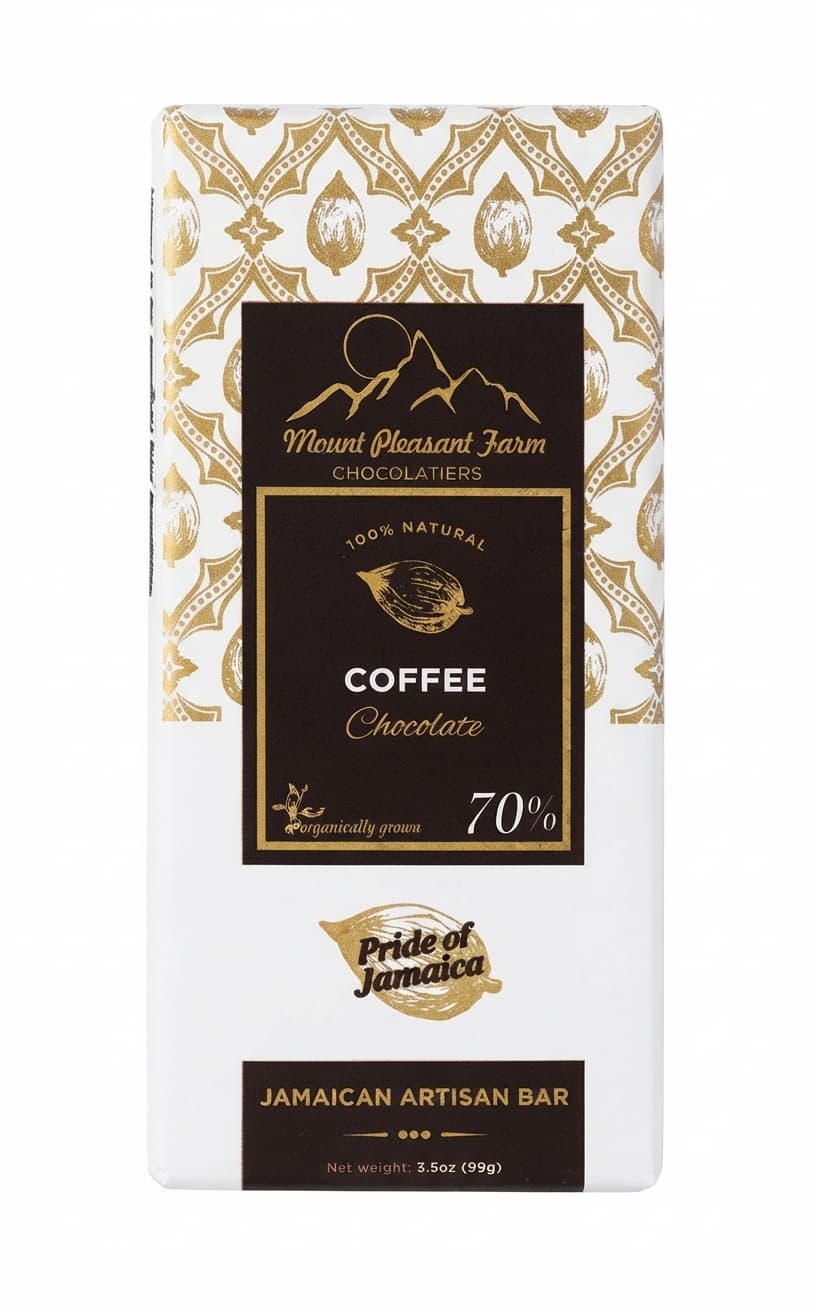 Coffee 70% 70% dark bar packaging by Mount Pleasant Farm Chocolatiers
