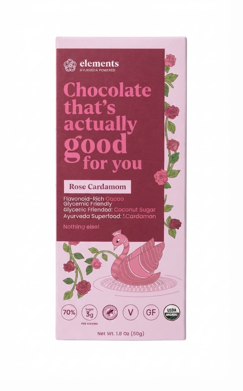 Rose Cardamom 70% 70% dark bar packaging by Elements Truffles