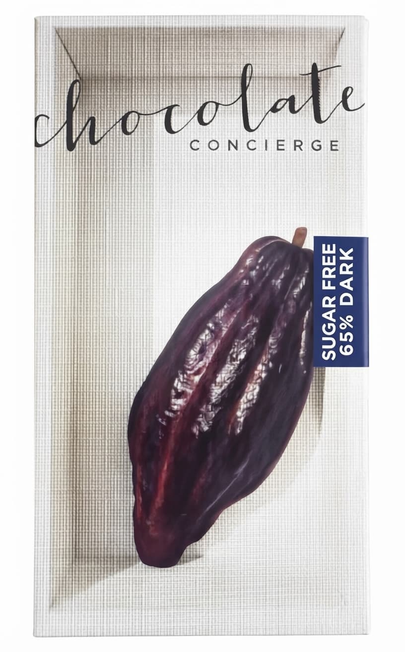 Sugar Free 65% Dark 65% dark bar packaging by Chocolate Concierge