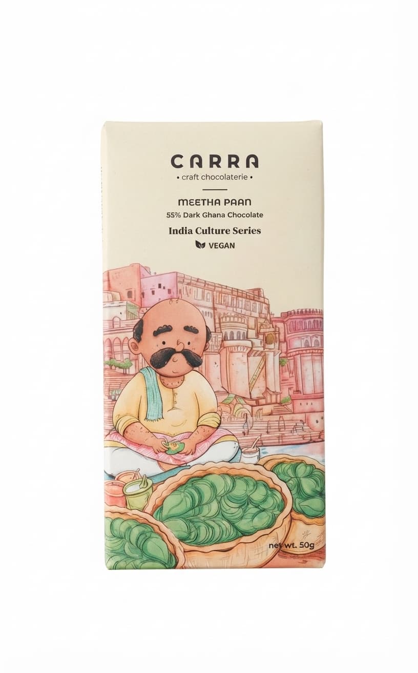 Meetha Paan 55% 55% dark bar packaging by Carra