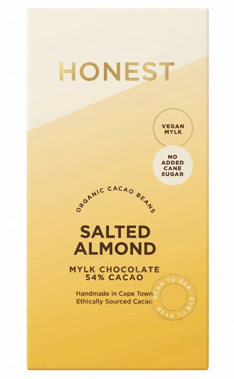 Salted Almond 54% 54% milk bar packaging by Honest Chocolate