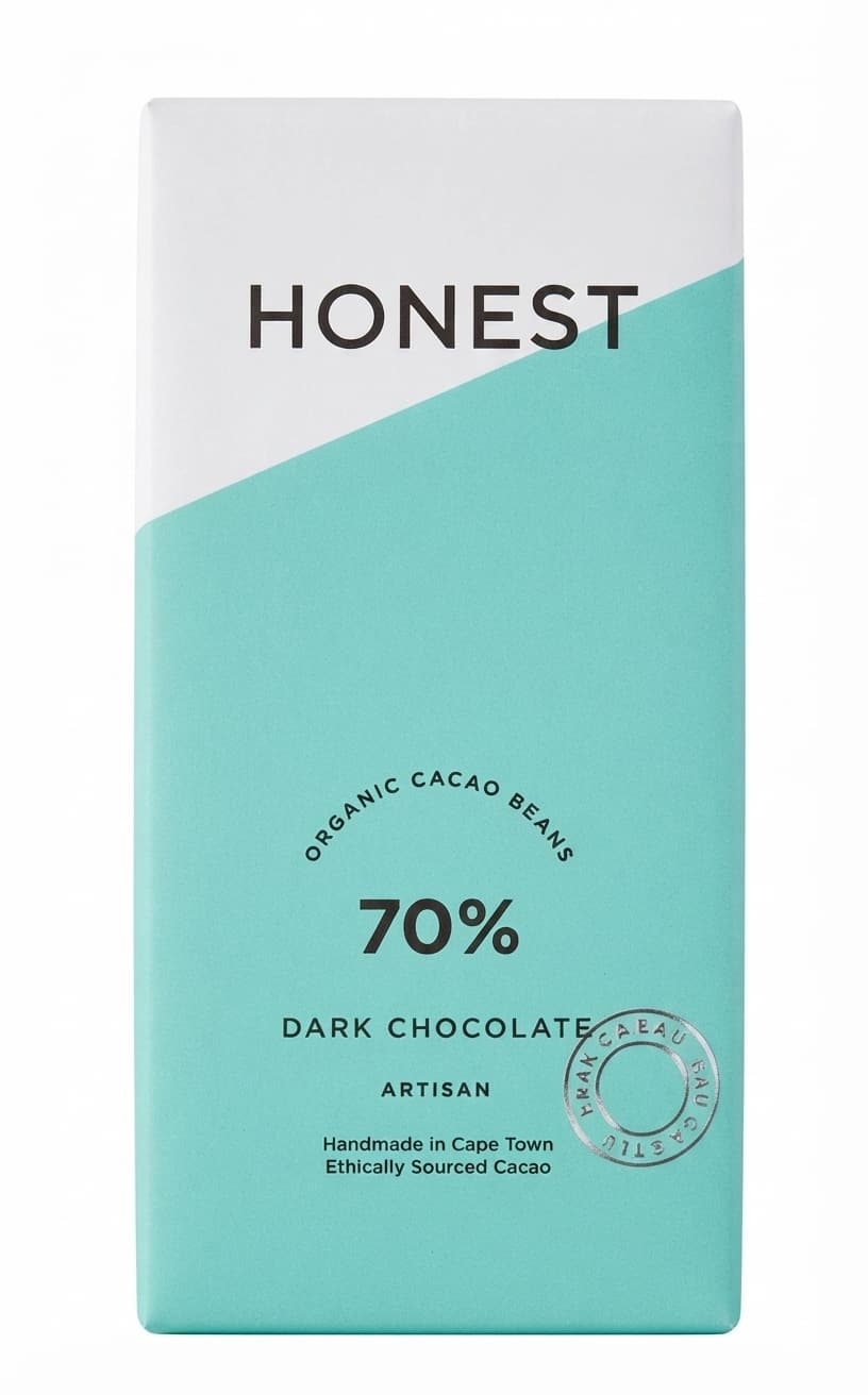 70% 70% dark bar packaging by Honest Chocolate