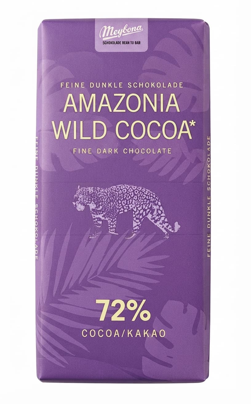 Amazonia Wild Cocoa 72% 72% dark bar packaging by Meybona
