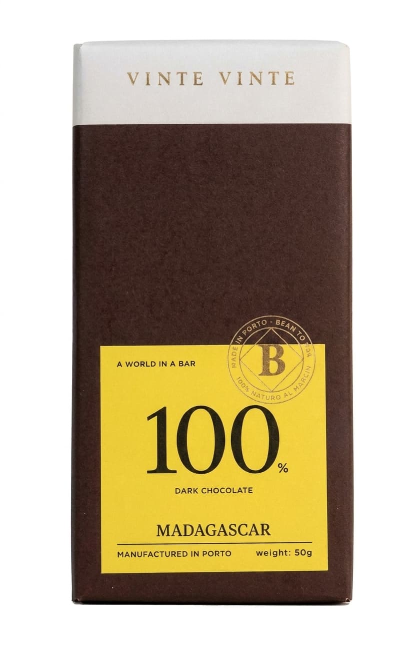 100% Dark Madagascar 100% dark bar packaging by Vinte Vinte