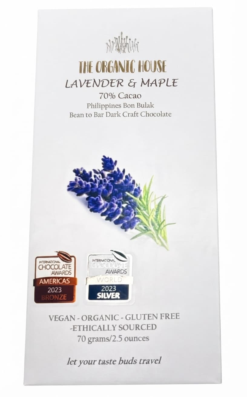 Lavender & Maple 70% 70% dark bar packaging by The Organic House